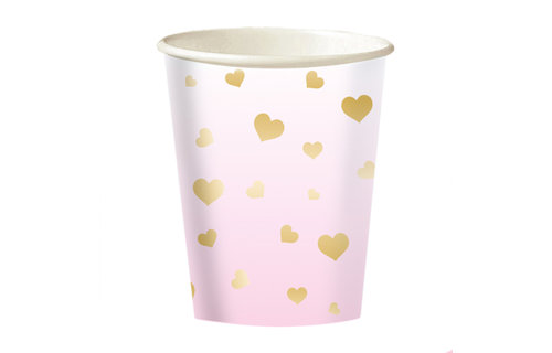 Hearts Pink Bekers - 8 stuks - Roze en gouden feestartikelen