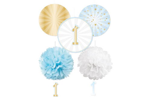 1st Birthday Stars Blue Decoratie Set - set van 5 - 1 jaar blauw