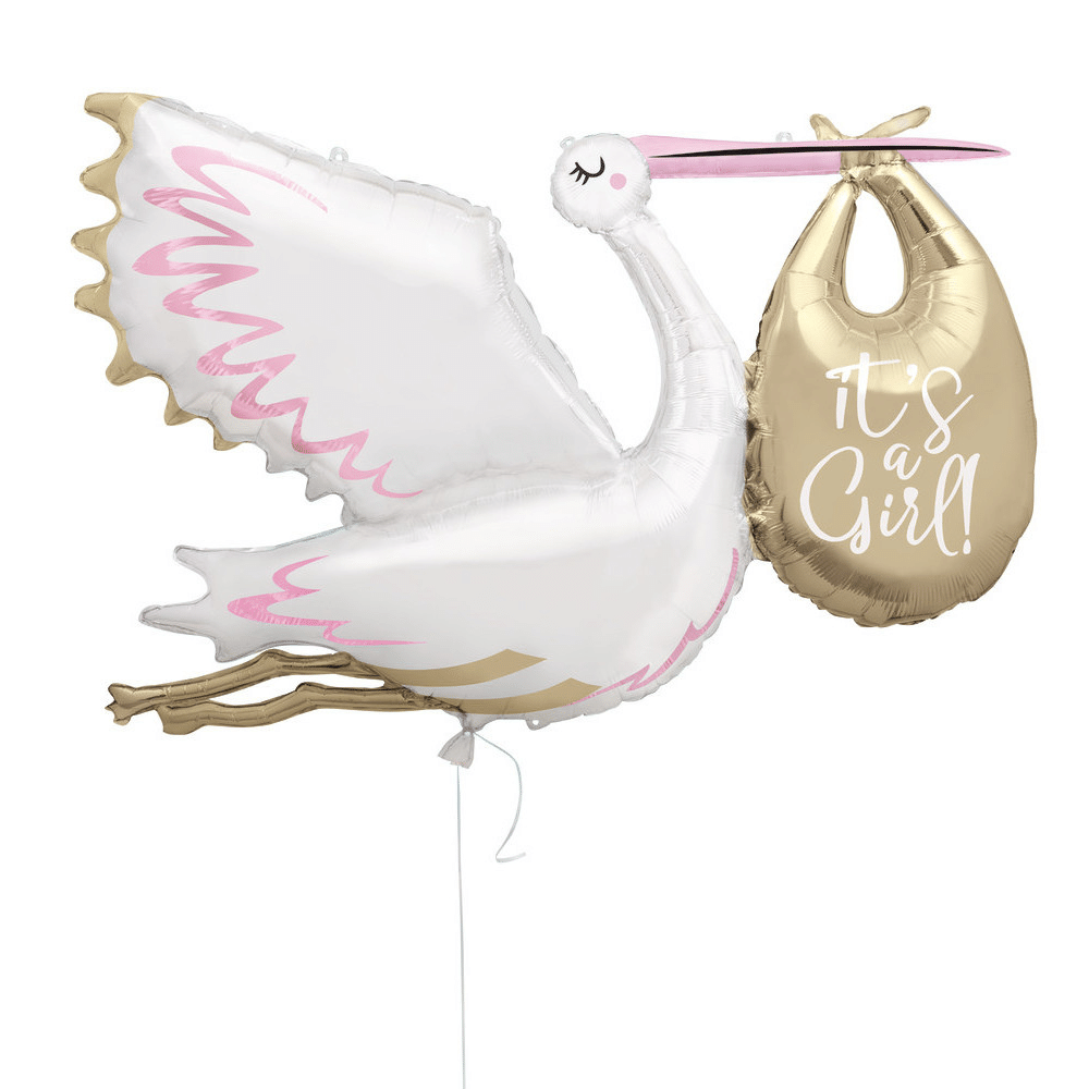 Ooievaar It's a Girl Folieballon Supershape - per stuk - Stork Roze