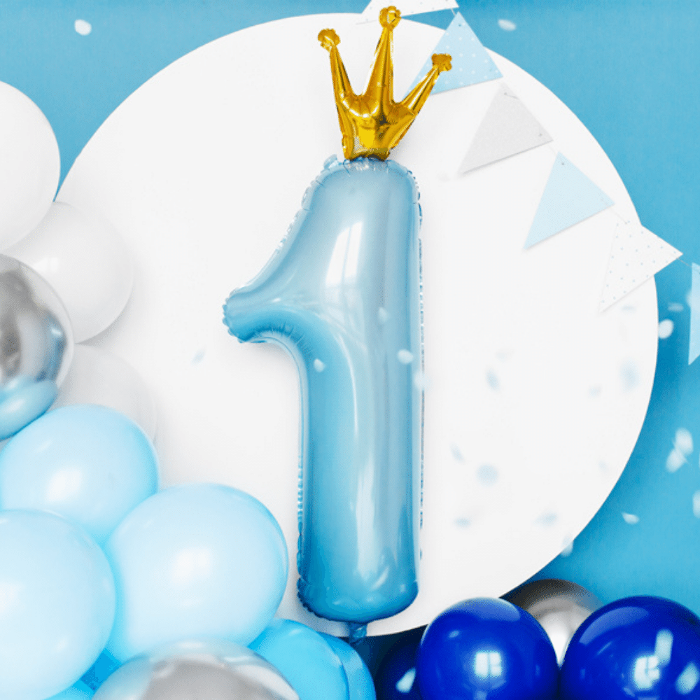 1 Jaar Folieballon met Kroon Blauw - per stuk - 92 cm