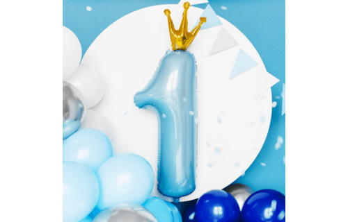 1 Jaar Folieballon met Kroon Blauw - per stuk - 92 cm