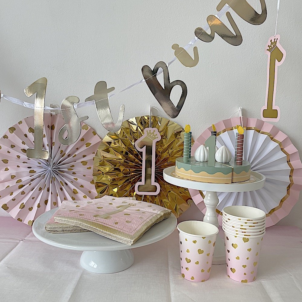 1st Birthday Hearts Pink Decoratie Set - set van 5 - 1 jaar roze