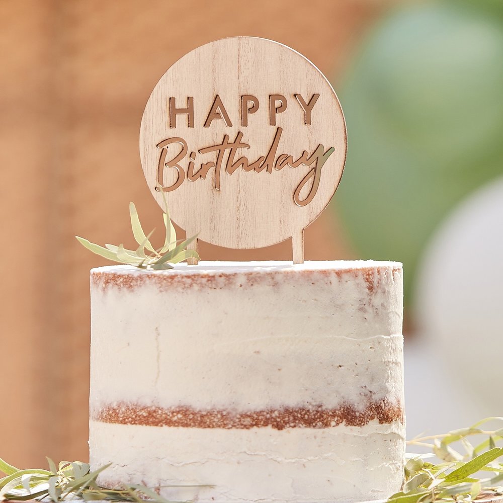 Houten Taarttopper 'Happy Birthday' - per stuk - Taartdecoratie
