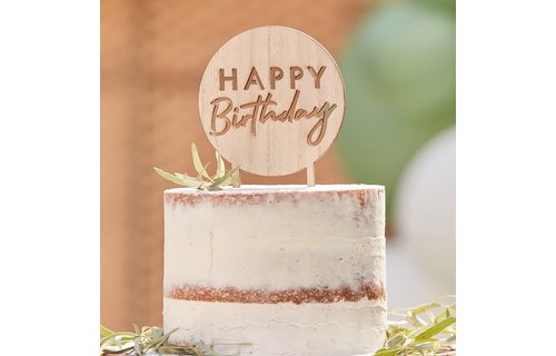Houten Taarttopper 'Happy Birthday' - per stuk - Taartdecoratie