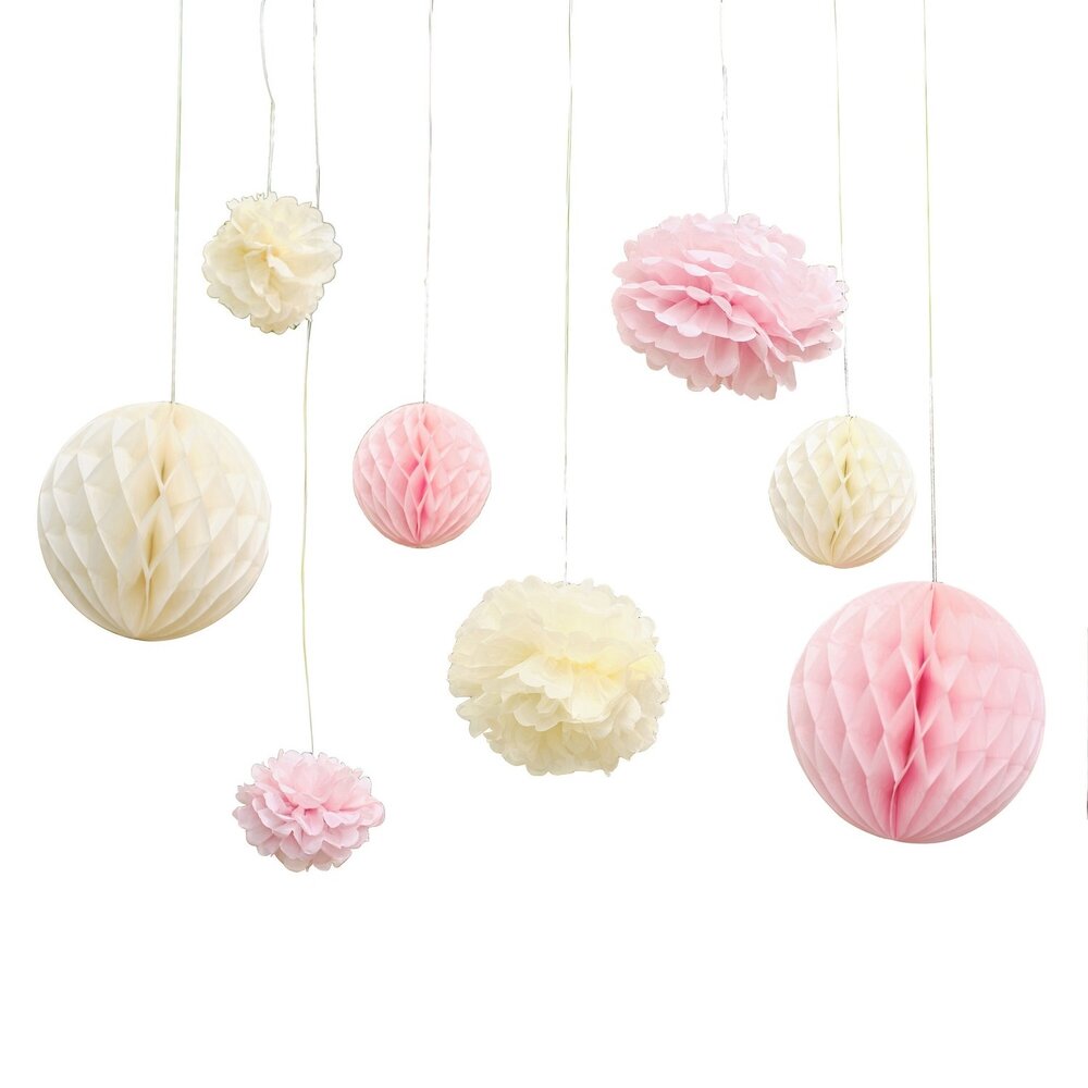 Pom Pom en Honeycomb Hangdecoraties - set van 8