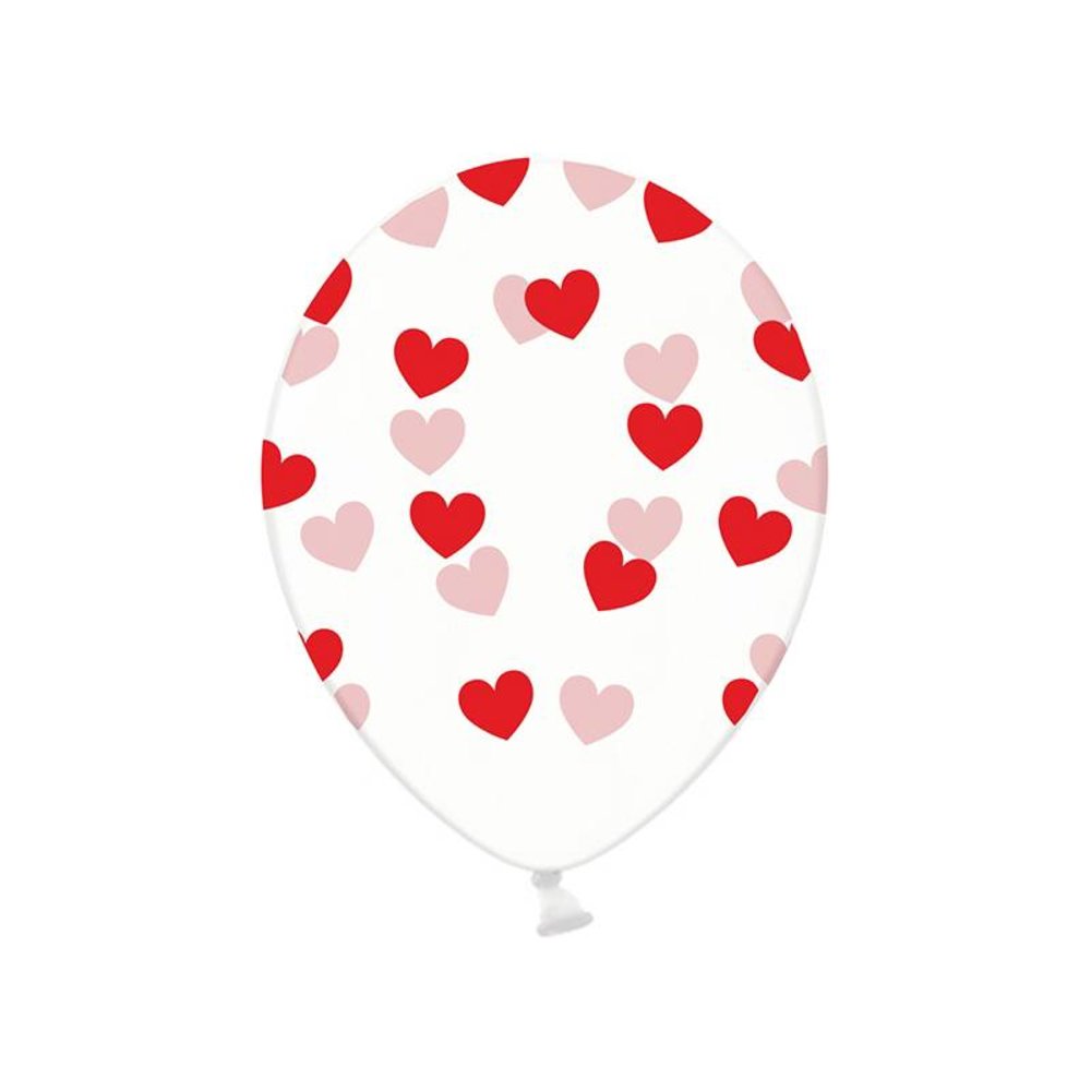 Ballonnen met Rode Hartjes, crystal clear - 6 stuks