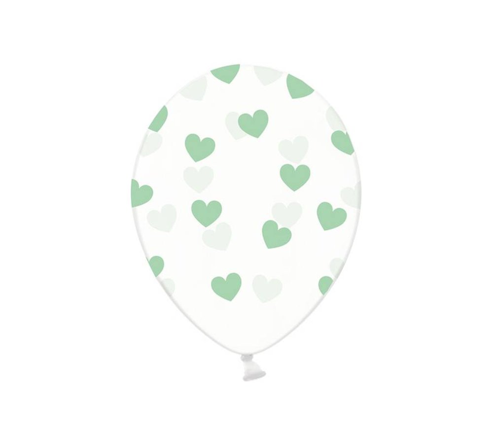 Ballonnen met Mintgroene Hartjes, crystal clear - 6 stuks
