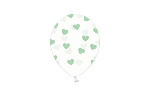 Ballonnen met Mintgroene Hartjes, crystal clear - 6 stuks