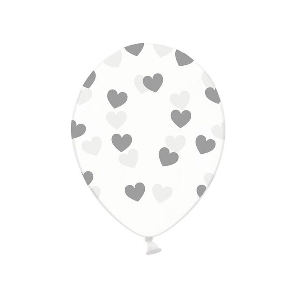 Ballonnen met Zilverkleurige Hartjes, crystal clear - 6 stuks