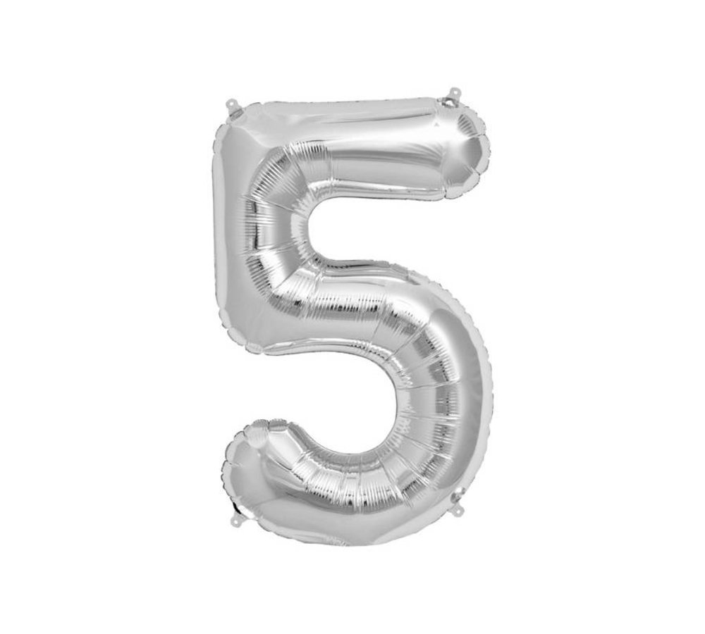 XL Cijfer 5 Folieballon Zilver - 86 cm