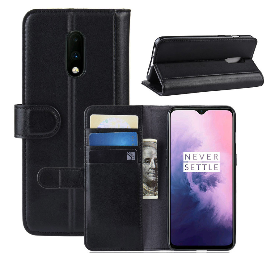 OnePlus 7 Wallet Case Genuine Leather Black