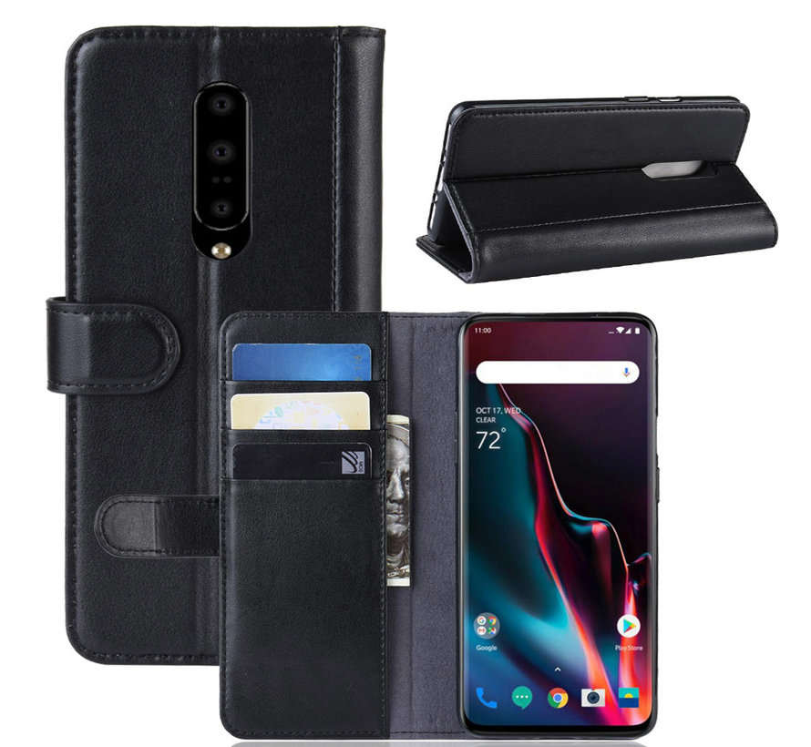 OnePlus 7 Pro Wallet Hoesje Echt Leder Zwart