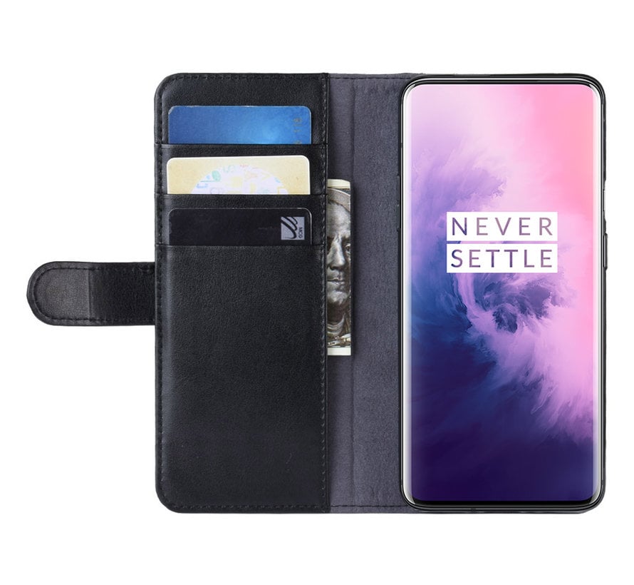OnePlus 7 Pro Wallet Hoesje Echt Leder Zwart