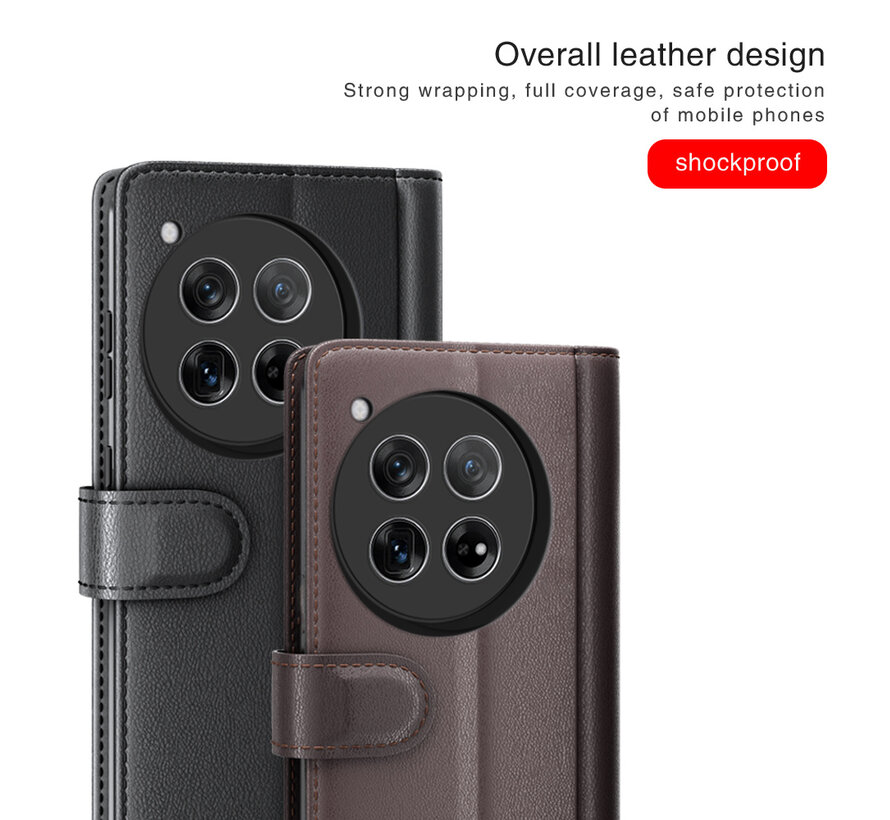 OnePlus 12 Wallet Hoesje Echt Leder Zwart