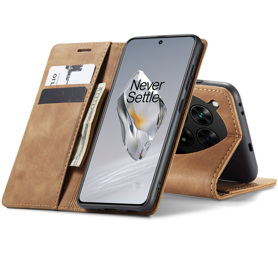 OnePlus 12 Wallet Hoesje Vintage Leder Beige