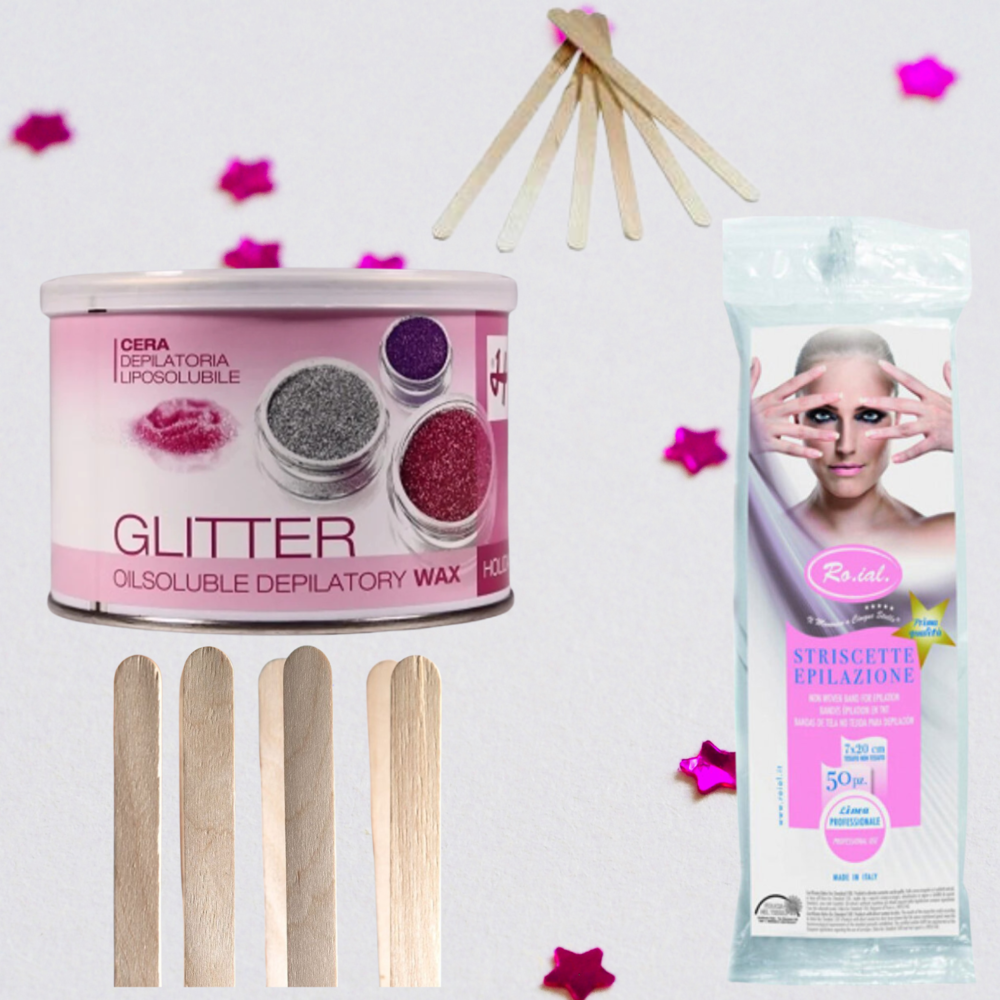 BB Cosmetics Holiday Gel Stripwax set Glitter 400 m 5 smalle + 5 brede spatels + 50 harsstrips BB Cosmetics Holiday Gel Stripwax set Glitter 400 m 5 smalle + 5 brede spatels + 50 harsstrips