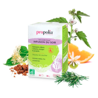 PROPOLIA BEE PRODUCTS AVONDTHEE MET PROPOLIS, LINDEBLOESEM, HEEMST, ROZEMARIJN, SINAASAPPEL BIO (20 THEEZAKJES)