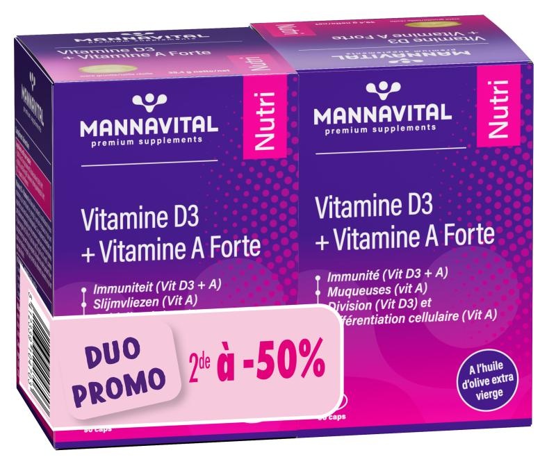 MANNAVITAL NATURAL PRODUCTS DUOPACK VITAMINE D3 + VITAMINE A FORTE ( 2 x 90 CAPS) - PROMO!!!