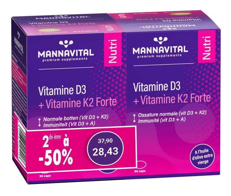 MANNAVITAL NATURAL PRODUCTS DUO PACK VITAMINE D3 + VITAMINE K2 FORTE (2 X 90 CAPS)