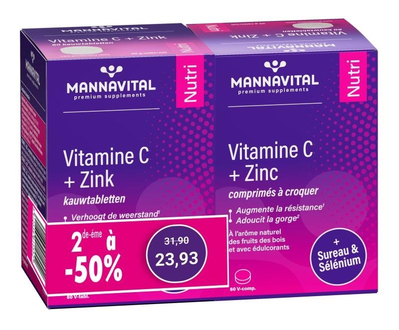 MANNAVITAL NATURAL PRODUCTS DUO PACK VITAMINE C + ZINK MET SELENIUM EN VLIERBES (2 X 60 KAUWTABLETTEN)