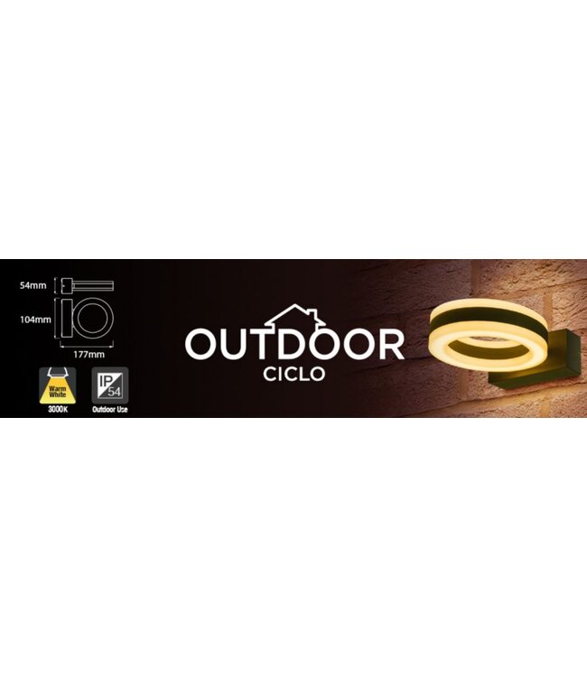 Led Buitenlamp Ciclo, 11w, 480 Lumen, 3000K Warm Wit, IP54, 3 Jaar Garantie