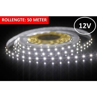 Led Strip ROL 50 Meter 3528SMD, 6w/m, 60 led/m, 460Lm/m, 6500K Daglicht wit, 12v, IP33, 8mm, 3 Jaar garantie