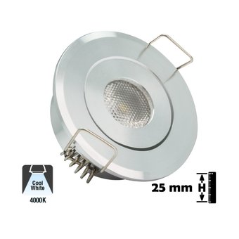 Inbouw LED Spot 1w, 80 Lumen, 4000K, Kantelbaar, Gatmaat 45mm, Zilver, IP20, 2 Jaar Garantie