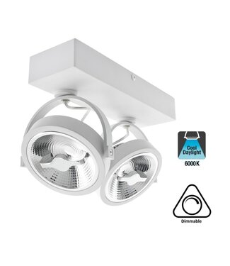 Opbouw LED Spot 2x AR111, 30w, 1600 Lumen, 6000K Daglicht wit, Dimbaar, Wit Armatuur, 3 Jaar Garantie