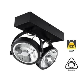 Opbouw LED Spot 2x AR111, 30w, 1600 Lumen, 3000K Warm Wit, Dimbaar, Zwart Armatuur, 3 Jaar Garantie