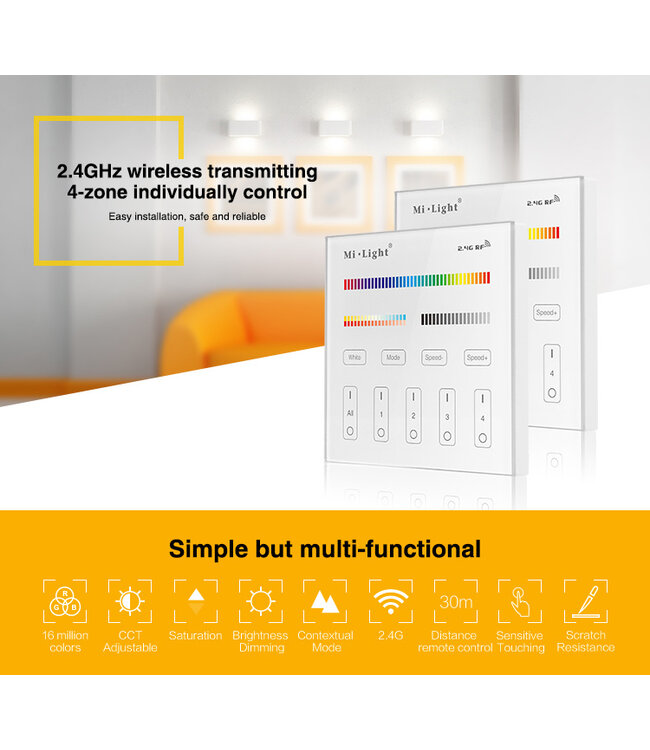 MiBoxer Wandbediening RGB + CCT (230V) - 2.4Ghz - T4W