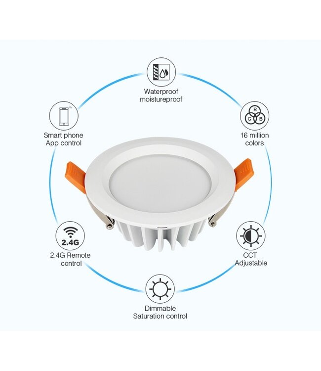 MiBoxer LED Downlighter 6w RGB + CCT, 2.4Ghz, 550 Lumen, IP54, Gatmaat 100mm, 2 Jaar Garantie - FUT063