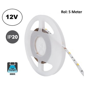 UITVERKOOP: Led Strip ROL 5 Meter 5050SMD, 6,4w/m, 30 led/m, 700Lm/m, 6000K Daglicht wit, 12v, IP20, 10mm