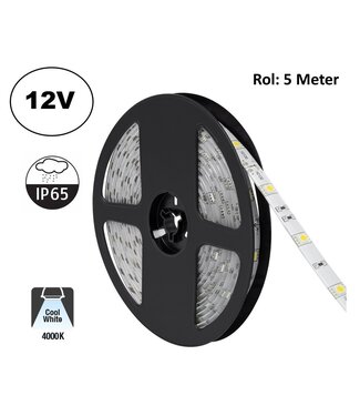 UITVERKOOP: Led Strip ROL 5 Meter 5050SMD, 4,8w/m, 30 led/m, 400Lm/m, 4000K Neutraal wit, 12v, IP65, 10mm