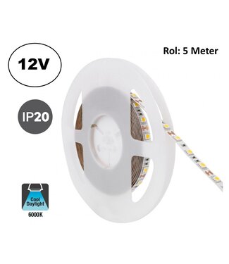 UITVERKOOP: Led Strip ROL 5 Meter 5050SMD, 12,6w/m, 60 led/m, 1200Lm/m, 6000K Daglicht wit, 12v, IP20, 10mm
