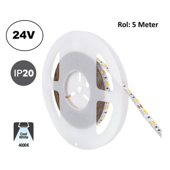 UITVERKOOP: Led Strip ROL 5 Meter 5050SMD, 13,6w/m, 60 led/m, 1320Lm/m, 4000K Neutraal wit, 24v, IP20, 10mm