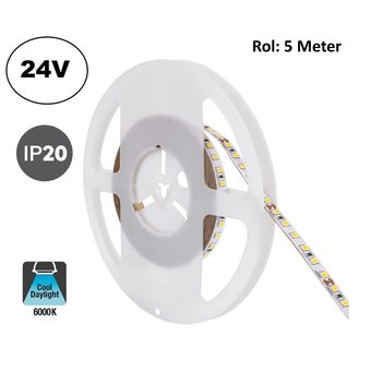 UITVERKOOP: Led Strip ROL 5 Meter 2835SMD, 10,5w/m, 120 led/m, 1100Lm/m, 6000K Daglicht wit, 24v, IP20, 8mm