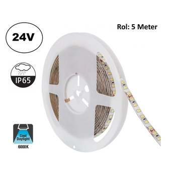 UITVERKOOP: Led Strip ROL 5 Meter 2835SMD, 10,5w/m, 120 led/m, 1100Lm/m, 6000K Daglicht wit, 24v, IP65, 8mm