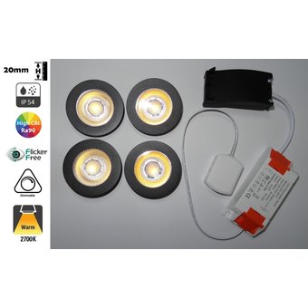 Inbouw LED Spot 4x3w CAB, 4x270 Lumen, 2700K, IP54, Dimbaar, CRI90, Zwart Armatuur, Gatmaat 55mm, 2 Jaar Garantie