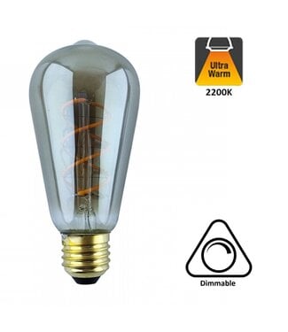 UITVERKOOP: E27 Led Lamp 6,5w Edison, ST64, 2300K Flame, 325 Lumen, Dimbaar, Smoked Glas