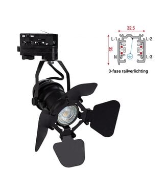 3 Fase Rail armatuur SpotLight met GU10 Fitting, Zwartkleurige behuizing