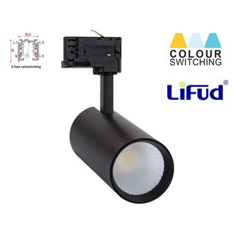 3 Fase Rail Spot Bert 30w, CCT instelbaar, 3000 Lumen, Lifud Driver, Zwartkleurige behuizing, 3 Jaar Garantie