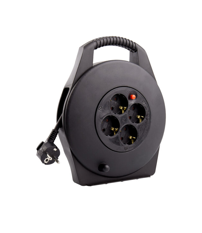 Kabelhaspel 10 meter + 4x Schuko 16A 220-250VAC , Snoerdikte: 3x 1,5mm2, Max: 1100 / 3200W, IP20, inclusief kinderbeveiliging en overspanningsbeveiliging