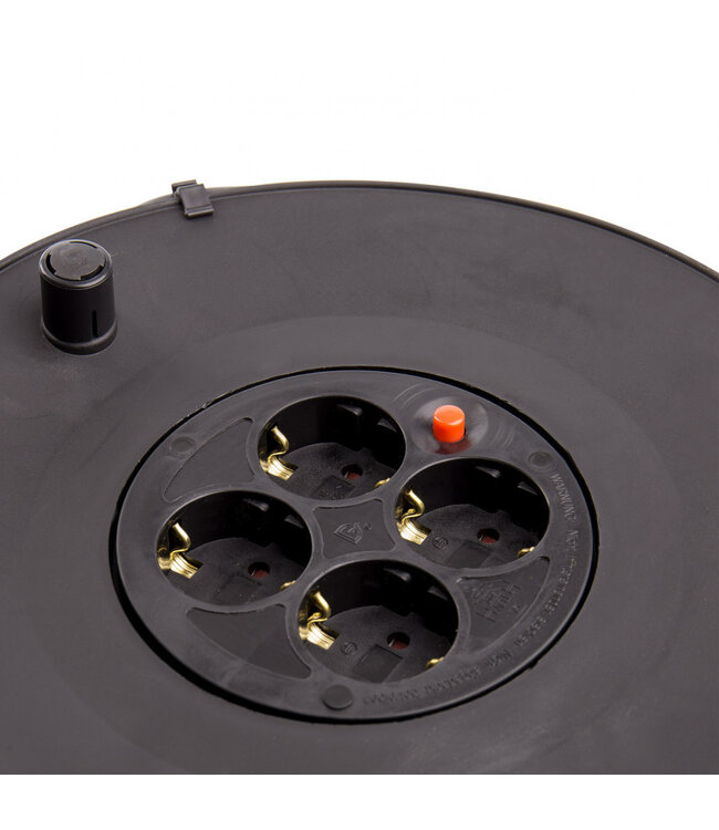Kabelhaspel 50 meter + 4x Schuko 16A 220-250VAC , Snoerdikte: 3x 1,5mm2, Max: 1100/ 3200W, IP20, inclusief kinderbeveiliging en overspanningsbeveiliging