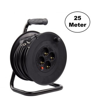 Kabelhaspel 25 meter + 4x Schuko 16A 220-250VAC , Snoerdikte: 3x 1,5mm2, Max: 1100/ 3200W, IP20, inclusief kinderbeveiliging en overspanningsbeveiliging