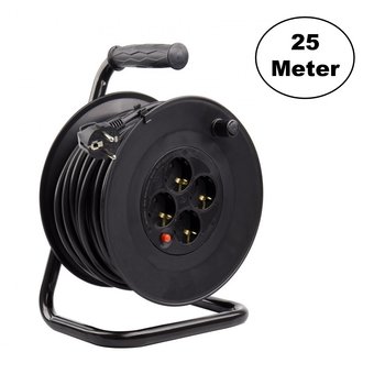 Kabelhaspel 25 meter + 4x Schuko 16A 220-250VAC , Snoerdikte: 3x 1,5mm2, Max: 1100/ 3200W, IP20, inclusief kinderbeveiliging en overspanningsbeveiliging