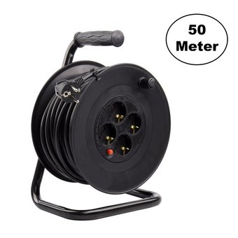 Kabelhaspel 50 meter + 4x Schuko 16A 220-250VAC , Snoerdikte: 3x 1,5mm2, Max: 1100/ 3200W, IP20, inclusief kinderbeveiliging en overspanningsbeveiliging