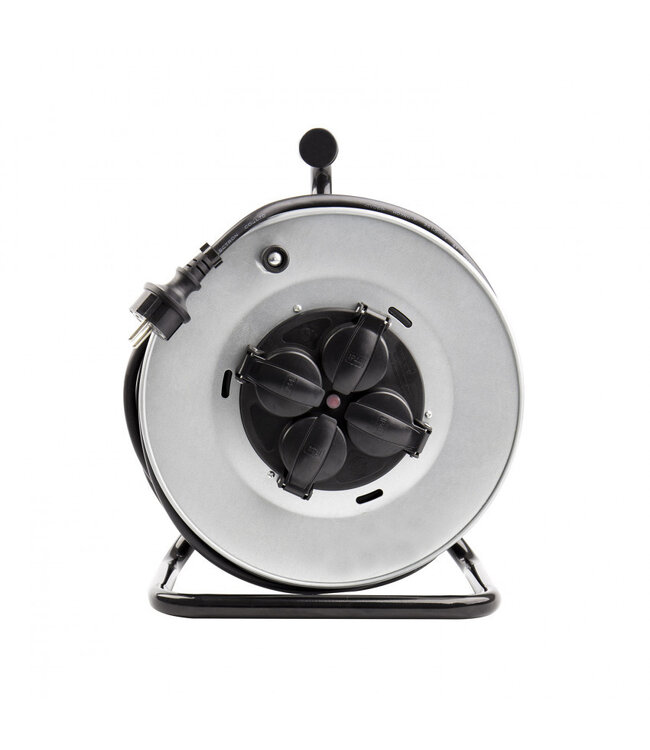 Kabelhaspel 50 meter + 4x Schuko 16A 220-250VAC , Snoerdikte: 3x 1,5mm2, Max: 1100/ 3200W, IP44 (Spatwaterbestendig), inclusief kinderbeveiliging en overspanningsbeveiliging