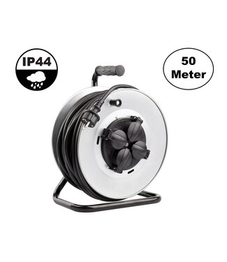 Kabelhaspel 50 meter + 4x Schuko 16A 220-250VAC , Snoerdikte: 3x 1,5mm2, Max: 1100/ 3200W, IP44 (Spatwaterbestendig), inclusief kinderbeveiliging en overspanningsbeveiliging