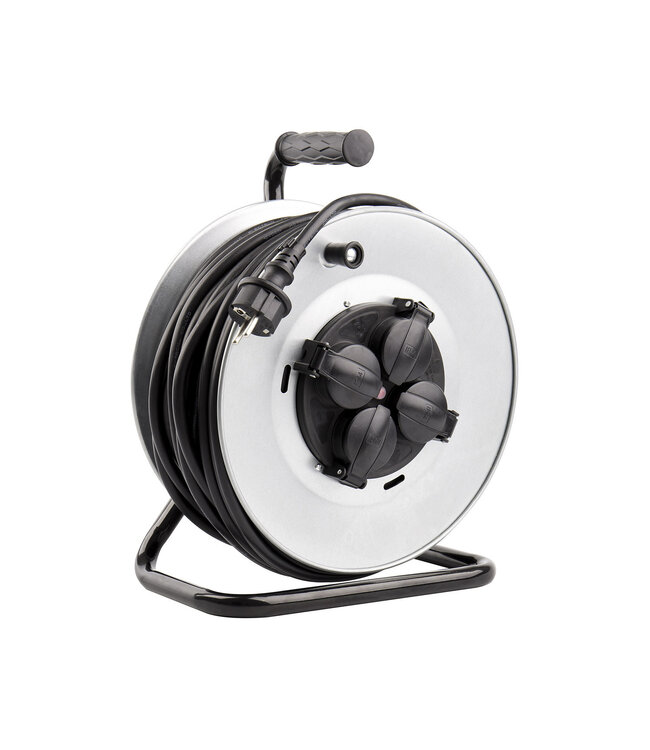 Kabelhaspel 50 meter + 4x Schuko 16A 220-250VAC , Snoerdikte: 3x 1,5mm2, Max: 1100/ 3200W, IP44 (Spatwaterbestendig), inclusief kinderbeveiliging en overspanningsbeveiliging