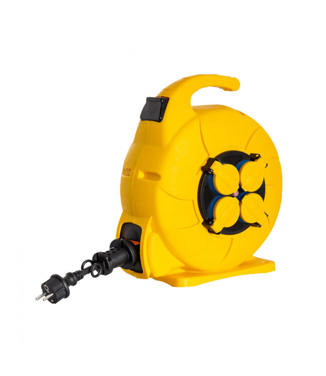 Automatische Kabelhaspel Geel 15 meter + 4x Schuko 16A 220-250VAC , Snoerdikte: 3x 1,5mm2, Max: 1000/ 3000W, IP44 (Spatwaterbestendig), inclusief kinderbeveiliging en overspanningsbeveiliging
